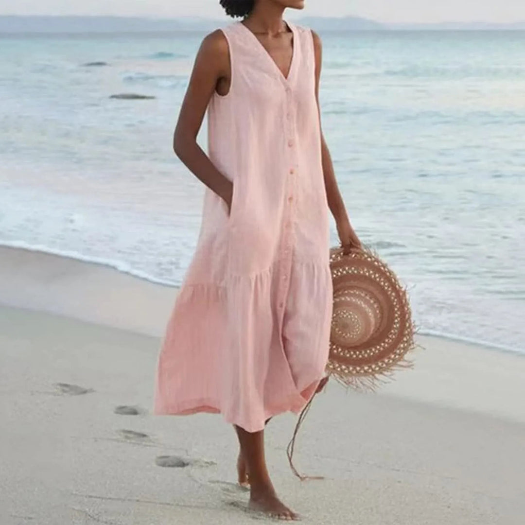 Stylish Linen Dress with V-Neck - Elara-Pink-S-Nora Luxe