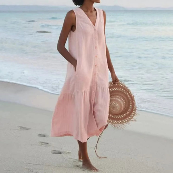 Stylish Linen Dress with V-Neck - Elara-Pink-S-Nora Luxe