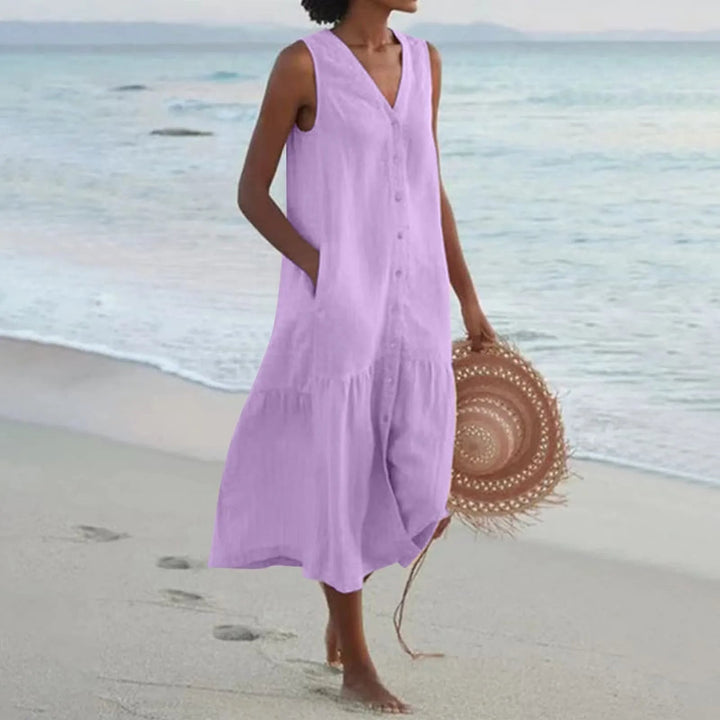 Stylish Linen Dress with V-Neck - Elara-Purple-S-Nora Luxe