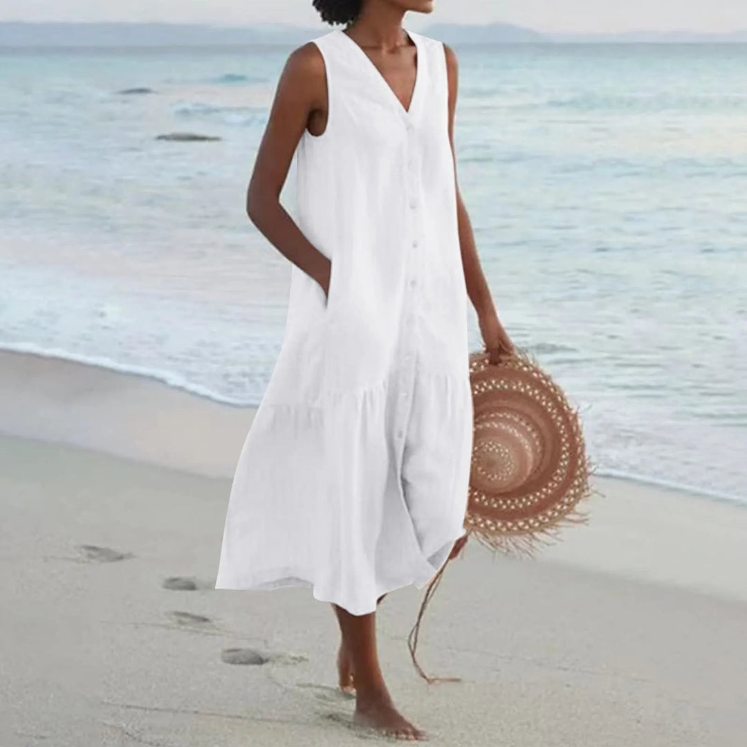 Stylish Linen Dress with V-Neck - Elara-White-S-Nora Luxe