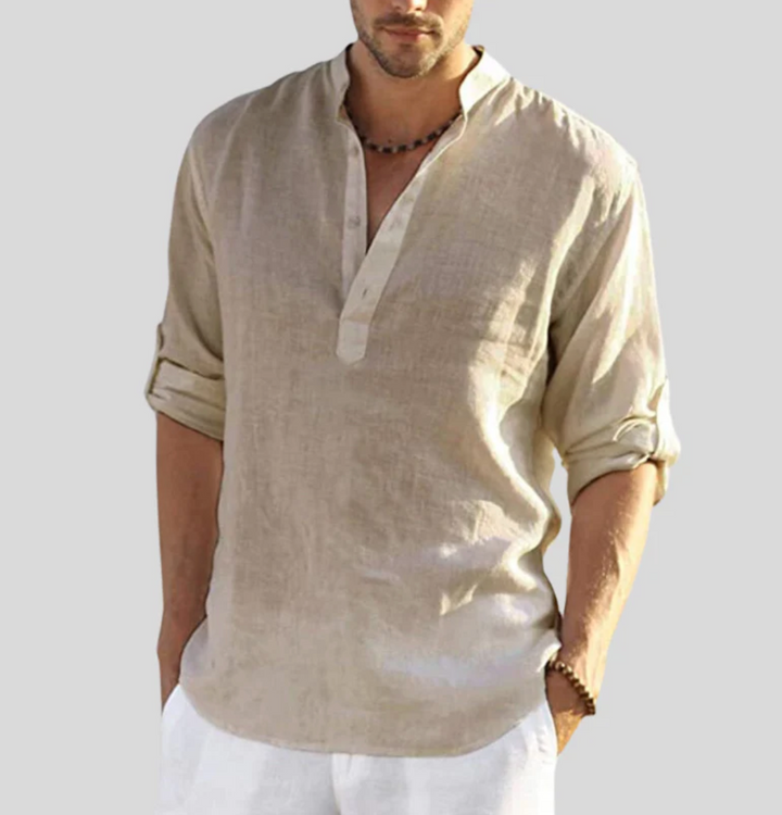 Stylish Linen Shirt with Collar - Leonardo-Beige-S-Nora Luxe