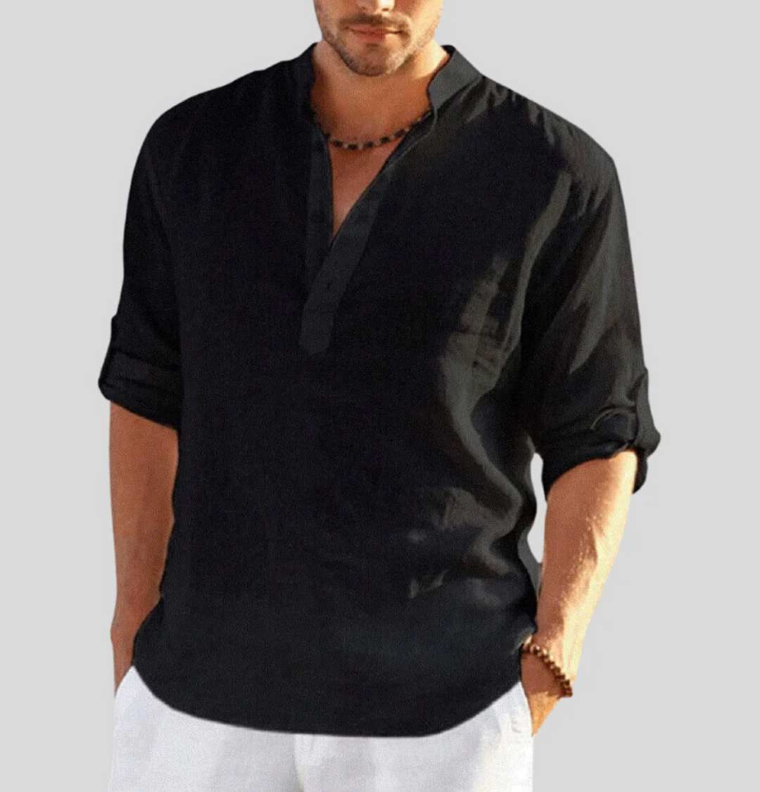 Stylish Linen Shirt with Collar - Leonardo-Black-S-Nora Luxe