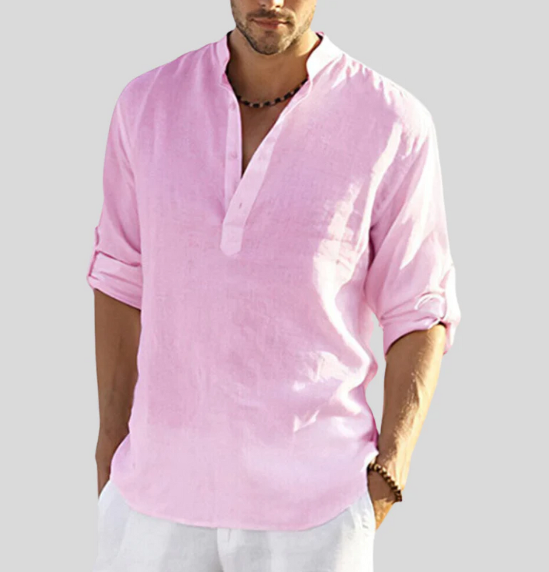 Stylish Linen Shirt with Collar - Leonardo-Pink-S-Nora Luxe
