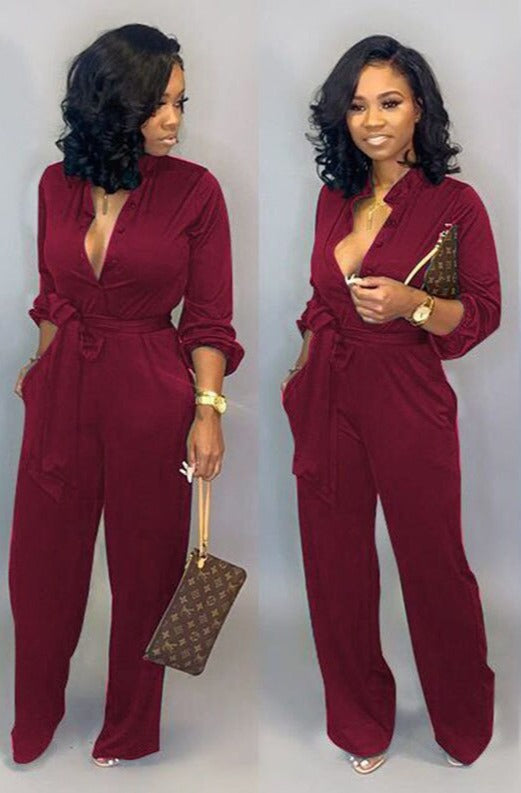 Stylish Long Sleeve Jumpsuit - Nola-Bordeaux Red-S-Nora Luxe