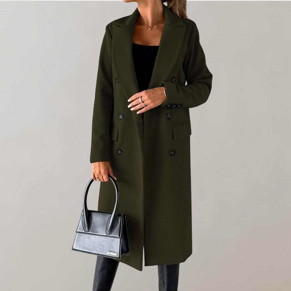 Stylish Long Winter Coat for Women - Elara-Olive green-S-Nora Luxe