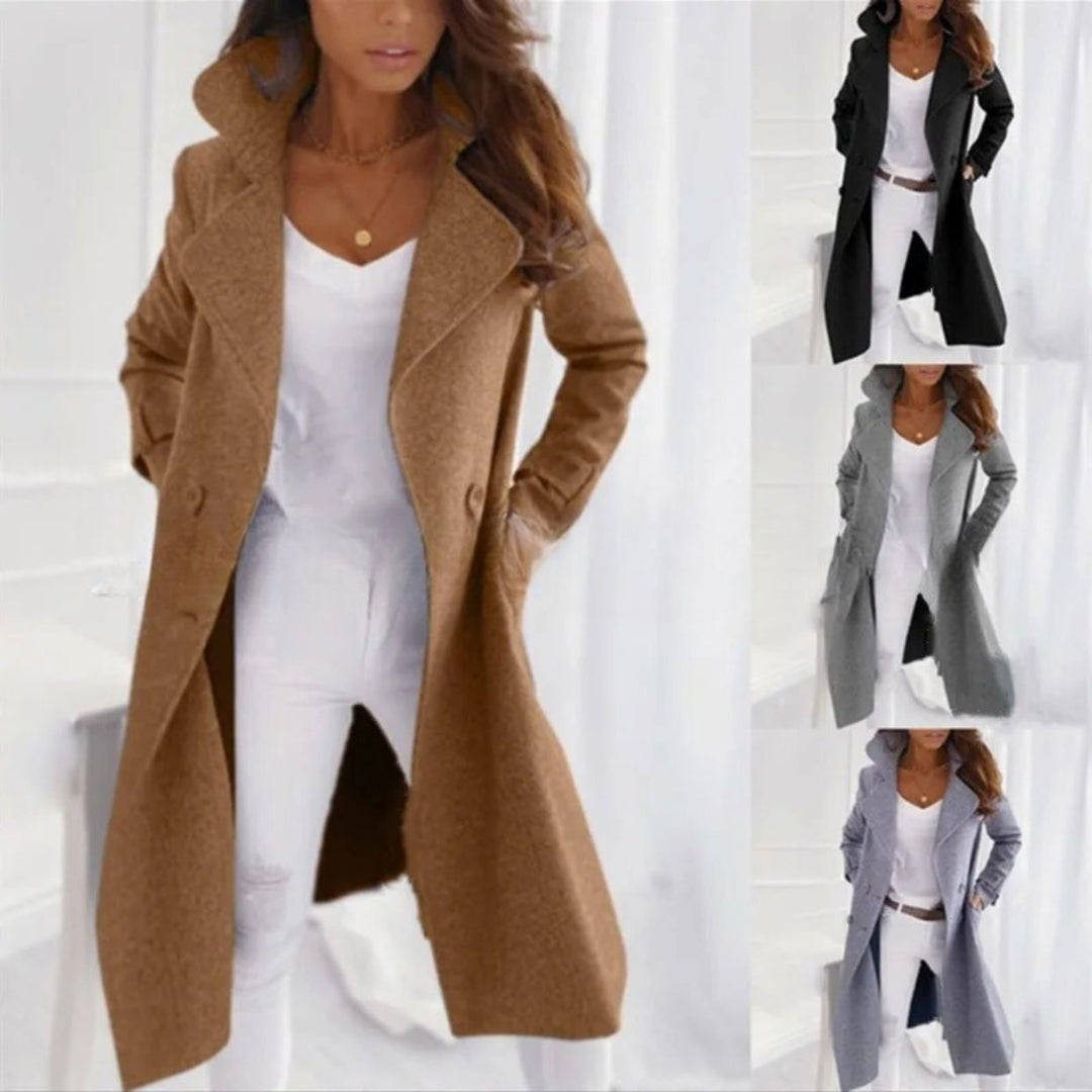 Stylish Long Women's Coat with Turned-down Collar - Valentina-Khaki-S-Nora Luxe