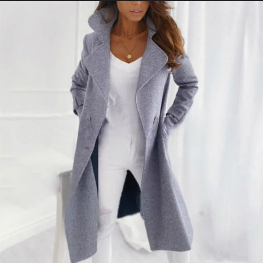 Stylish Long Women's Coat with Turned-down Collar - Valentina-Light Gray-S-Nora Luxe