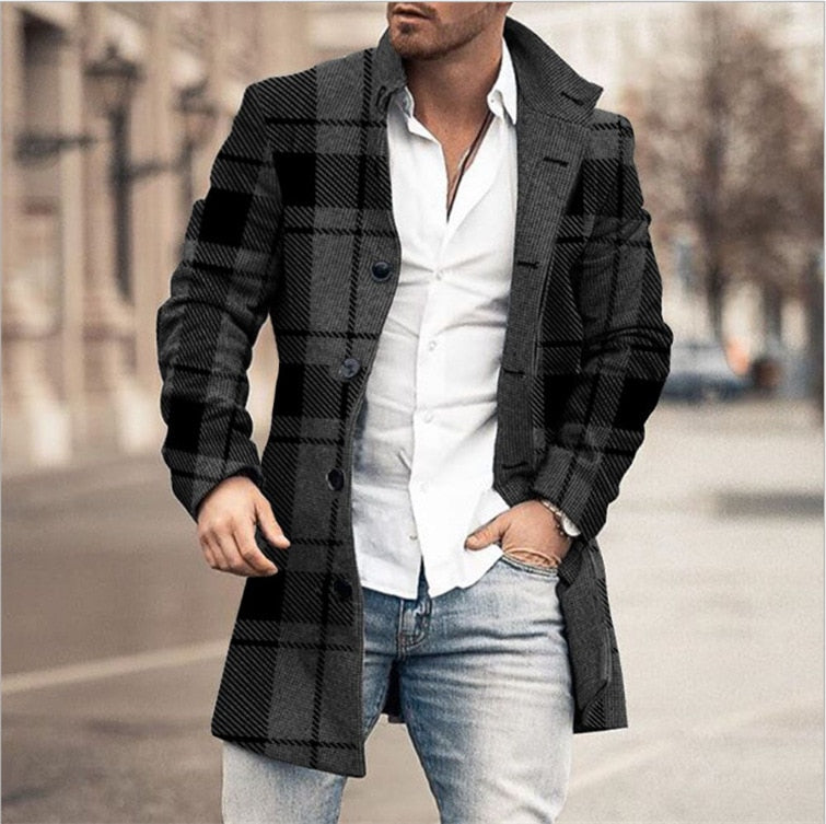 Stylish Medium-Length Checked Men's Coat - Stephen-Black-M-Nora Luxe