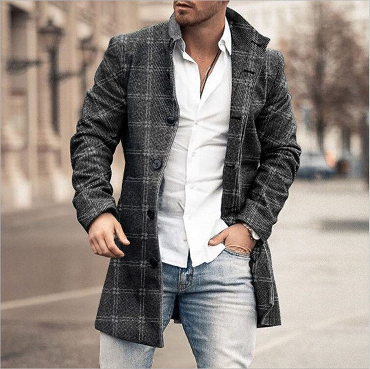 Stylish Medium-Length Checked Men's Coat - Stephen-Light Black-M-Nora Luxe