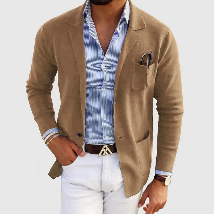 Stylish Men's Blazer with Casual Button Pockets and Collar - Lorenzo-Beige-S-Nora Luxe