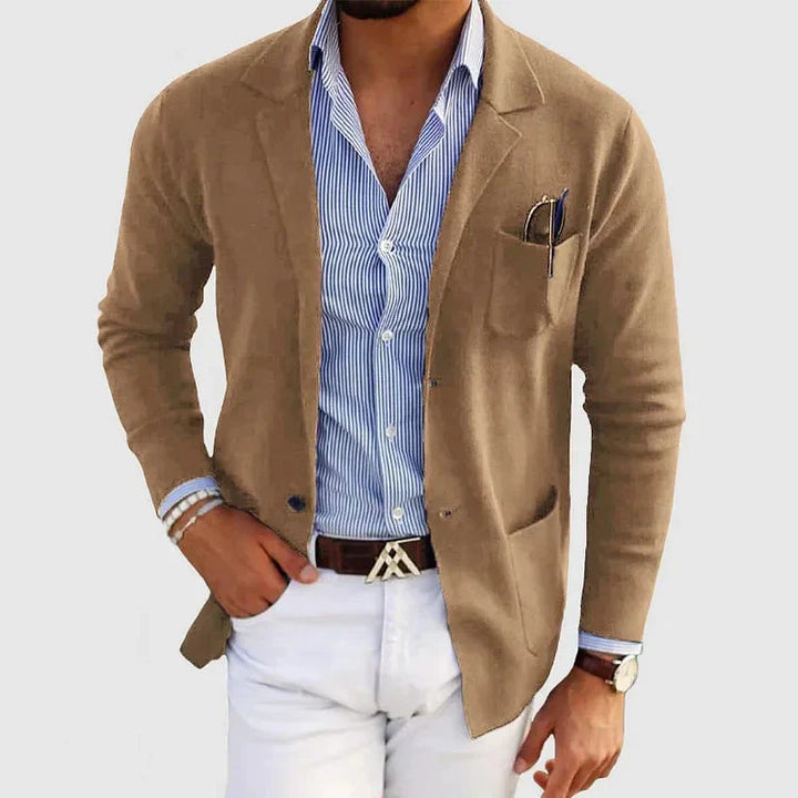 Stylish Men's Blazer with Casual Button Pockets and Collar - Lorenzo-Beige-S-Nora Luxe