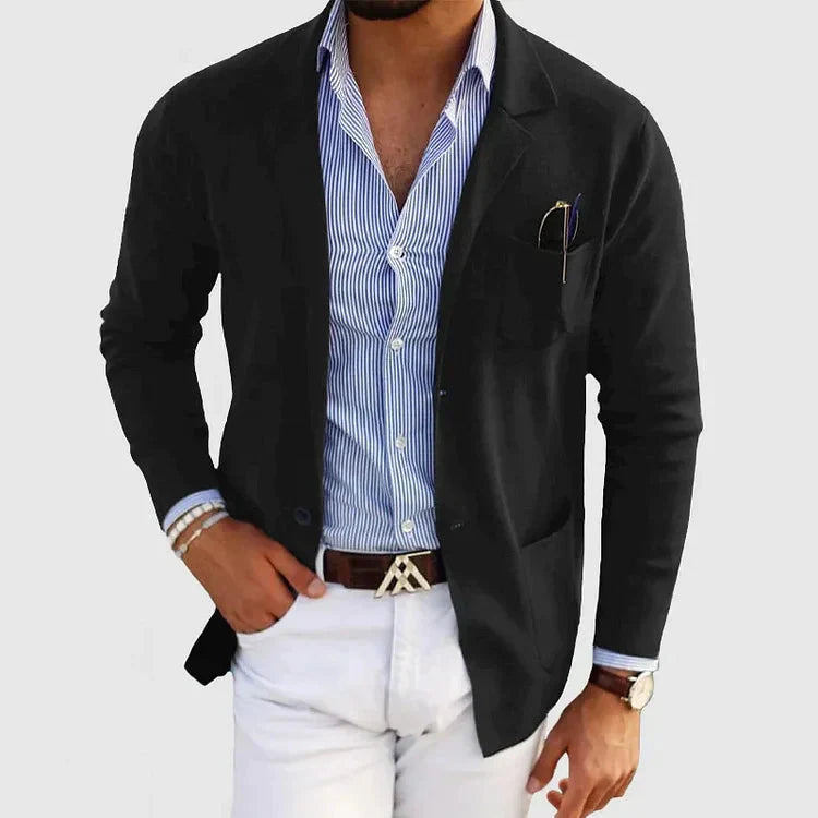 Stylish Men's Blazer with Casual Button Pockets and Collar - Lorenzo-Black-S-Nora Luxe