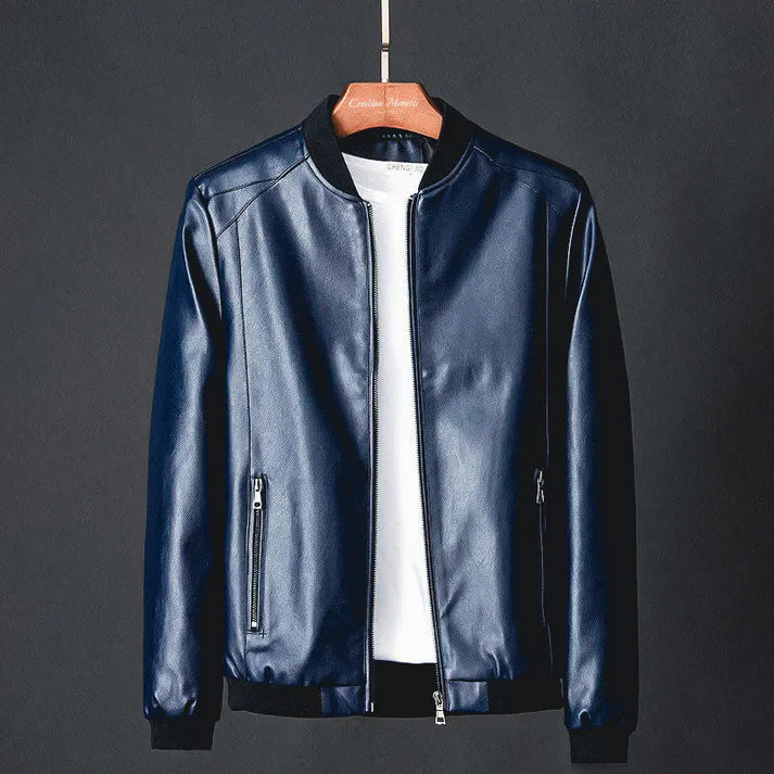 Stylish men's leather jacket made of synthetic leather with precision details – Tarek-Blue-XS-Nora Luxe
