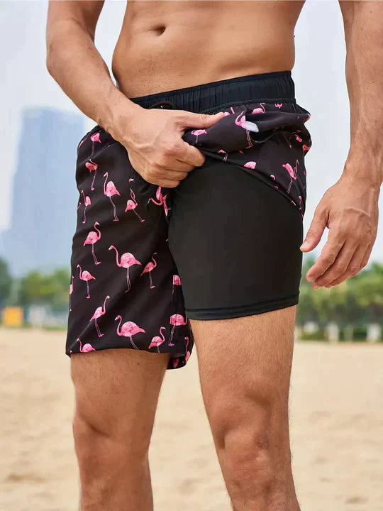 Stylish Men's Swim Shorts | AquaLux Swim Shorts with Lining and Phone Pocket-Black flamingo-M-Nora Luxe
