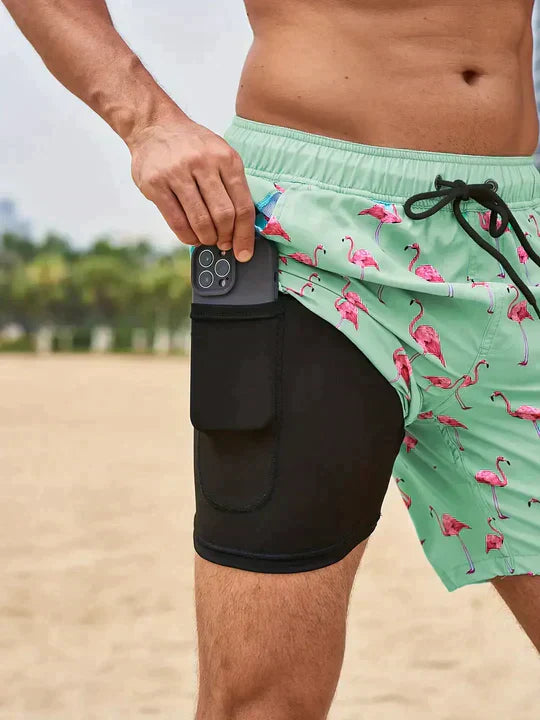 Stylish Men's Swim Shorts | AquaLux Swim Shorts with Lining and Phone Pocket-Mint Flamingo-M-Nora Luxe