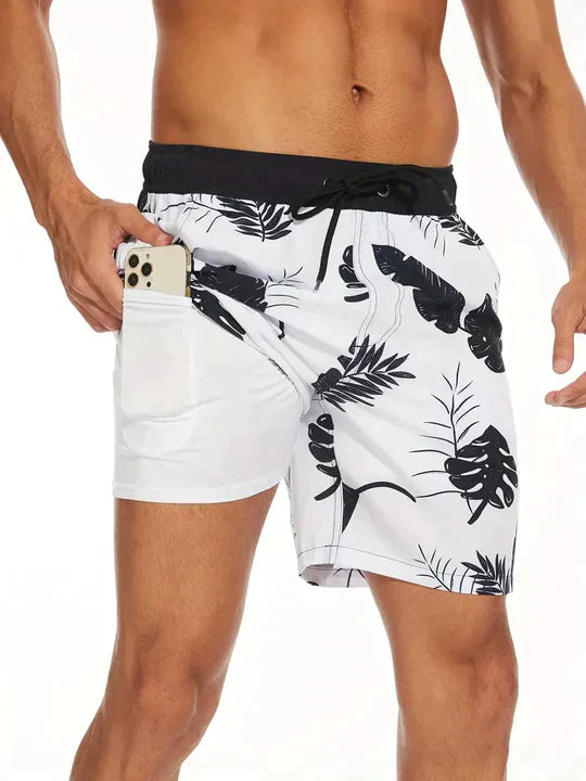 Stylish Men's Swim Shorts | AquaLux Swim Shorts with Lining and Phone Pocket-Monochrome Flora-M-Nora Luxe