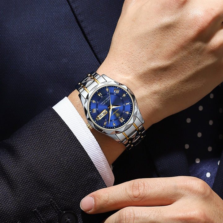 Stylish Men's Watch in Stainless Steel - LumiSteel-Gold Blue-Nora Luxe