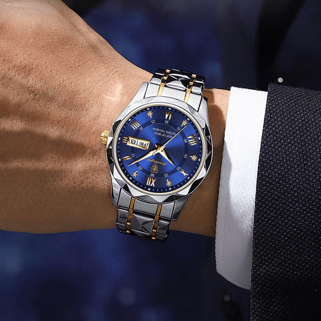 Stylish Men's Watch in Stainless Steel - LumiSteel-Gold Blue-Nora Luxe