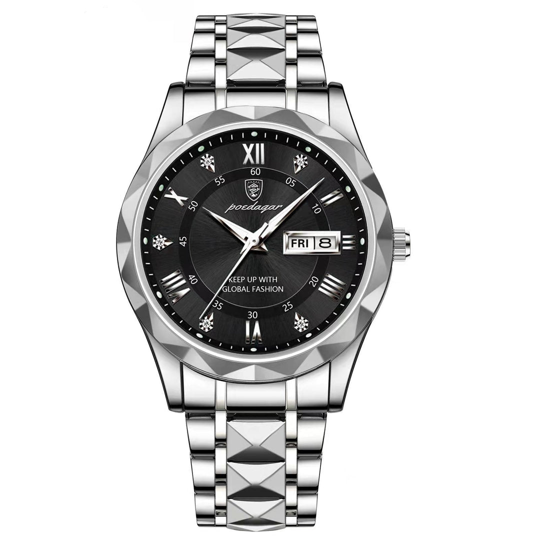 Stylish Men's Watch in Stainless Steel - LumiSteel-Silver Black-Nora Luxe