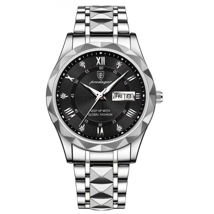 Stylish Men's Watch in Stainless Steel - LumiSteel-Silver Black-Nora Luxe