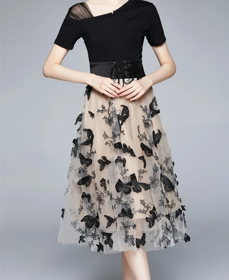 Stylish midi dress made of mesh with embroidery & flounce sleeves – Maila-S-Nora Luxe