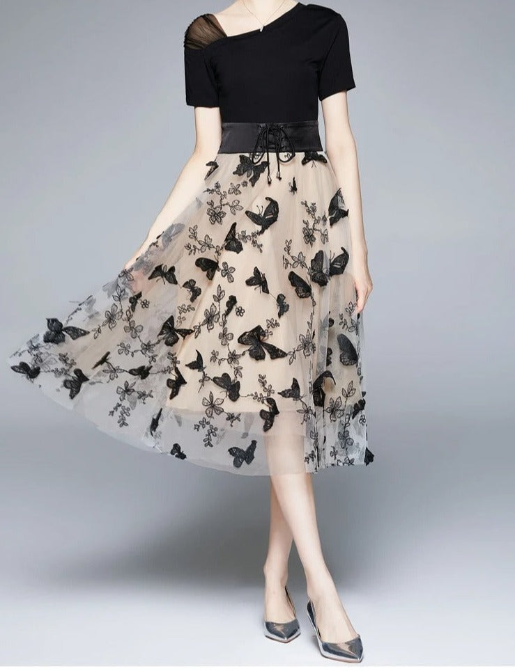 Stylish midi dress made of mesh with embroidery & flounce sleeves – Maila-S-Nora Luxe