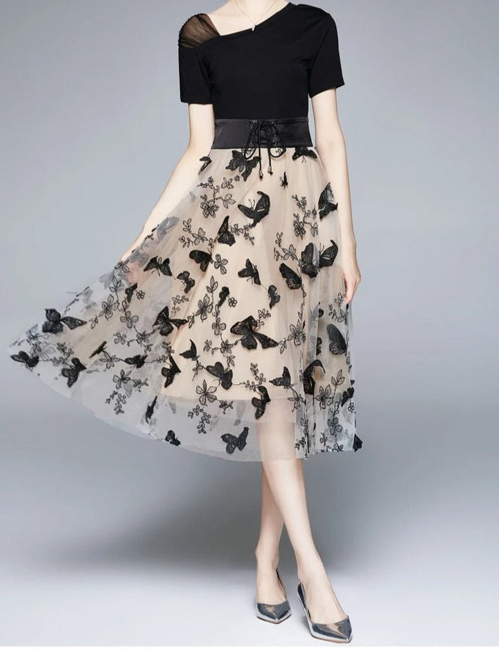 Stylish midi dress made of mesh with embroidery & flounce sleeves – Maila-S-Nora Luxe