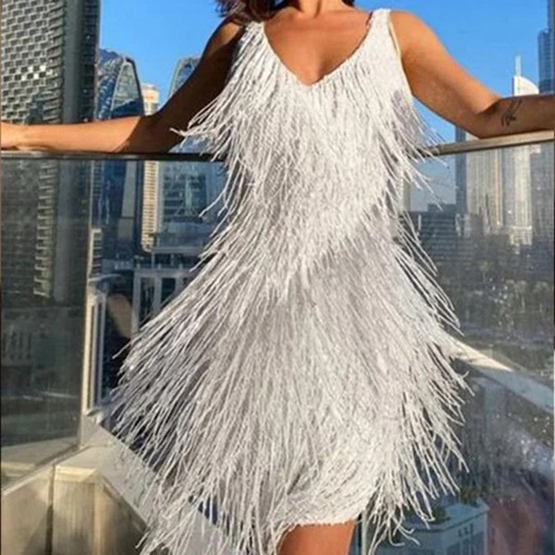 Stylish Mini Dress with Tassels - Celeste-White-S-Nora Luxe
