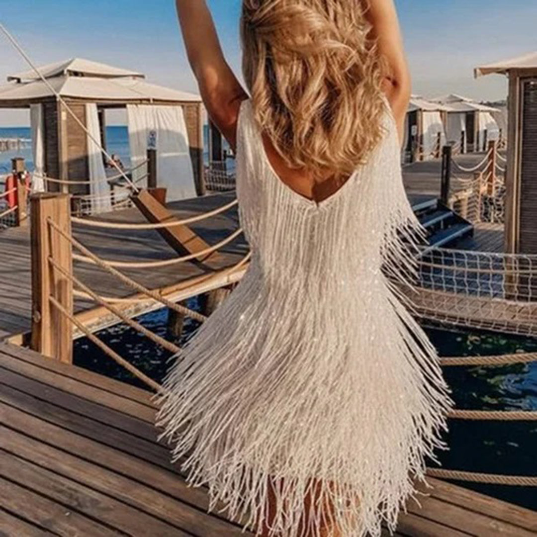 Stylish Mini Dress with Tassels - Celeste-White-S-Nora Luxe