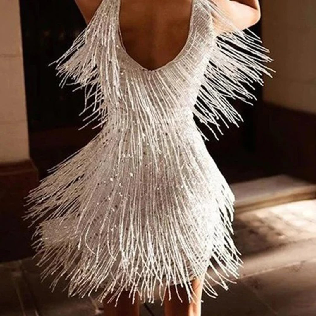 Stylish Mini Dress with Tassels - Celeste-White-S-Nora Luxe