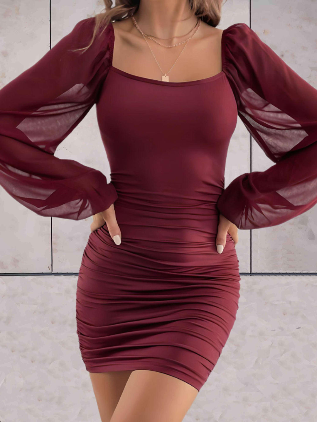 Stylish Mini Dress with Wide Sleeves - Lina-Bordeaux-XS-Nora Luxe