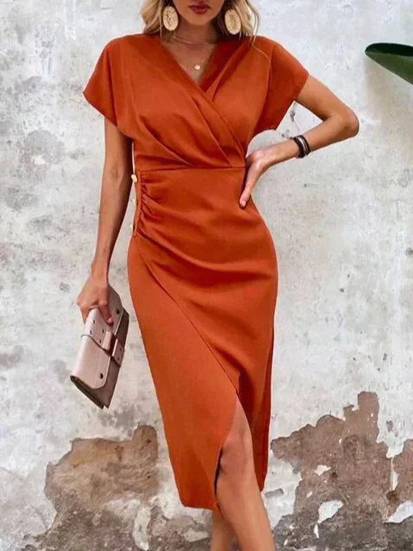 Stylish Orange V-neck Midi Dress - Ruby-S-Nora Luxe