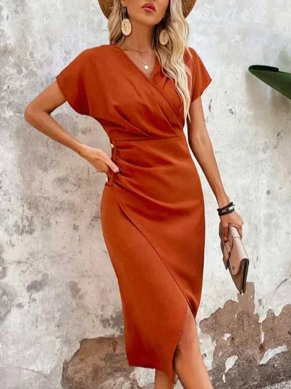 Stylish Orange V-neck Midi Dress - Ruby-S-Nora Luxe