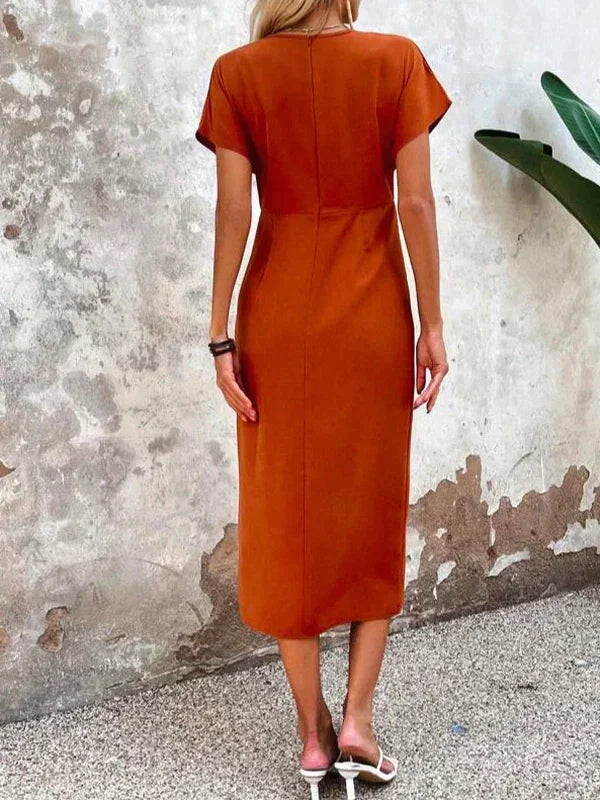 Stylish Orange V-neck Midi Dress - Ruby-S-Nora Luxe
