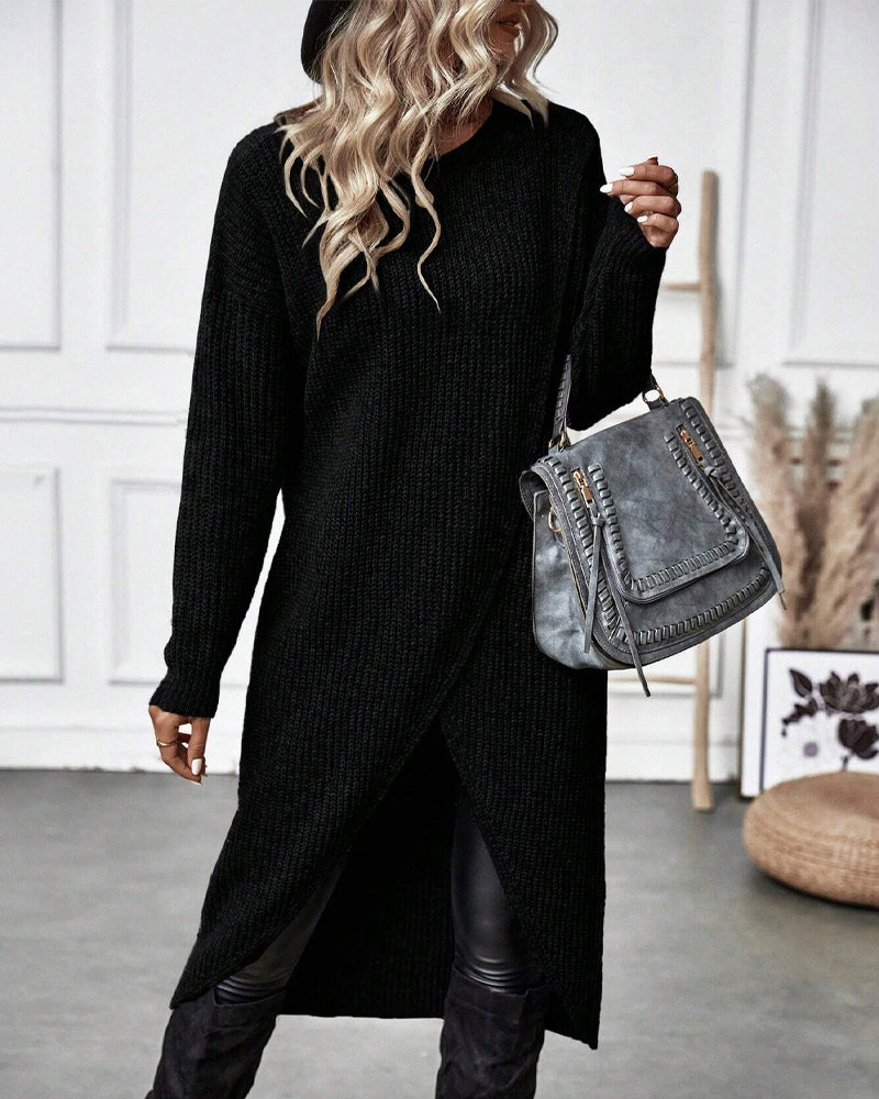 Stylish Plain Sweater Dress - Lina-Gray-S-Nora Luxe