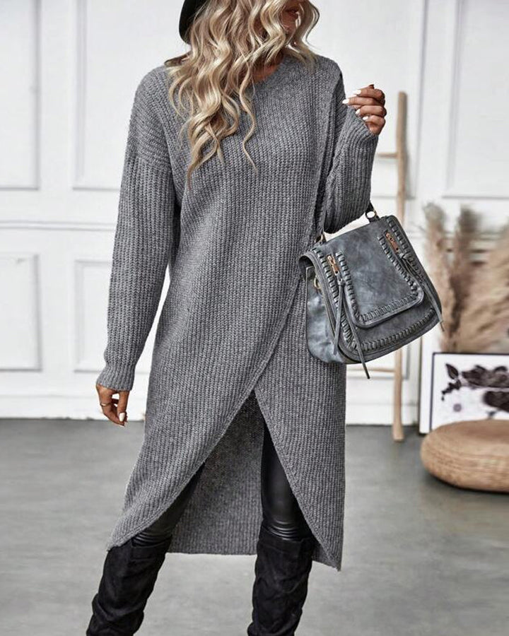 Stylish Plain Sweater Dress - Lina-Gray-S-Nora Luxe