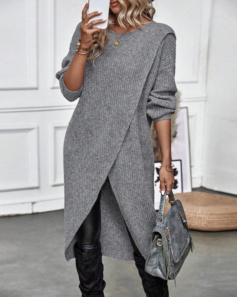 Stylish Plain Sweater Dress - Lina-Gray-S-Nora Luxe