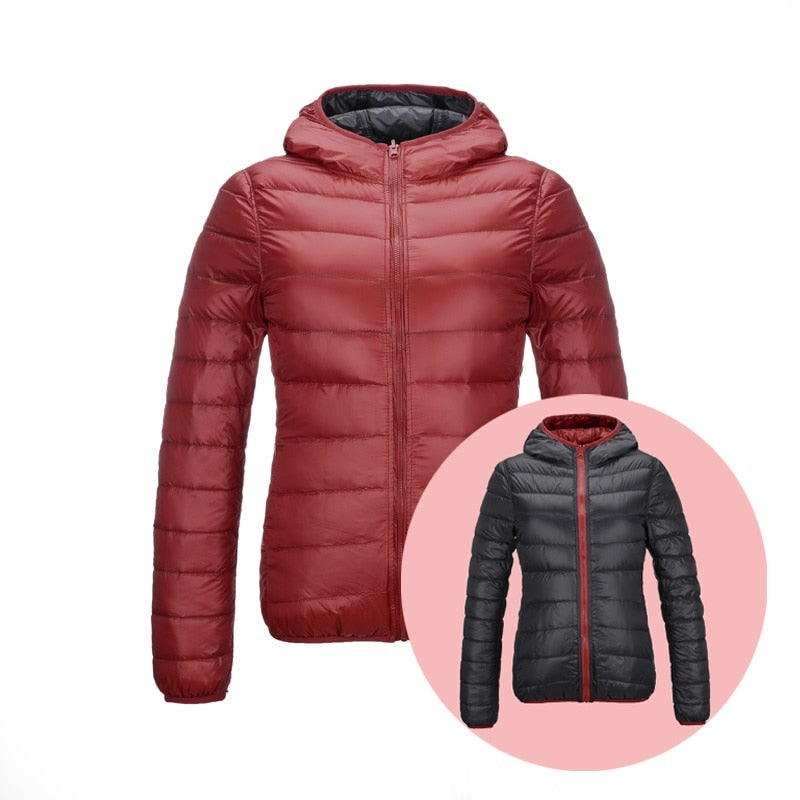Stylish Reversible Women's Down Jacket - Aurora-Red/Black-S-Nora Luxe