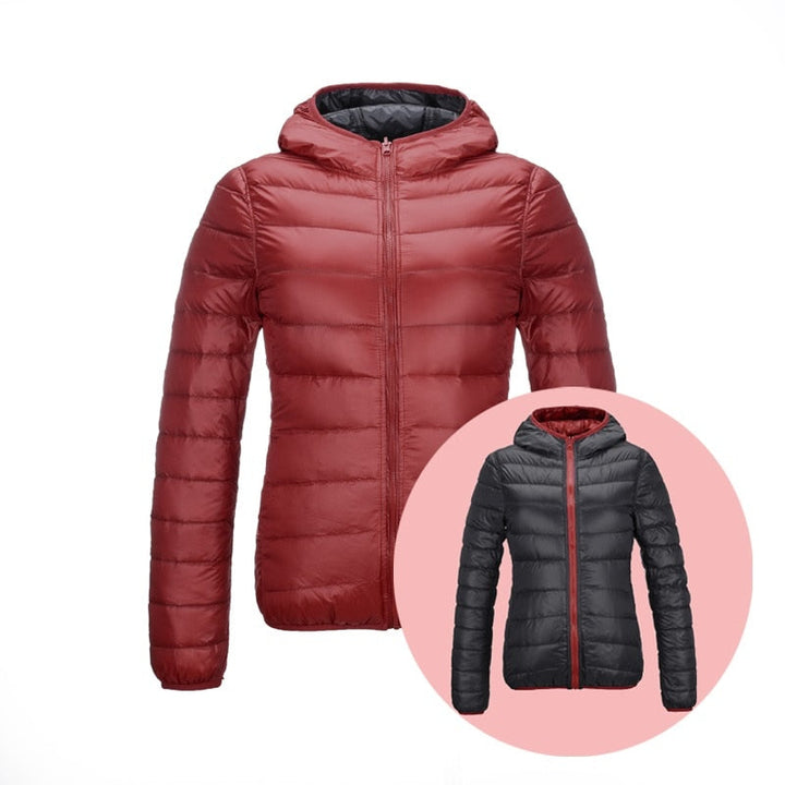Stylish Reversible Women's Down Jacket - Aurora-Red/Black-S-Nora Luxe