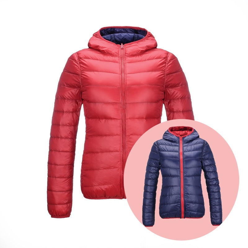 Stylish Reversible Women's Down Jacket - Aurora-Red/Dark Blue-S-Nora Luxe