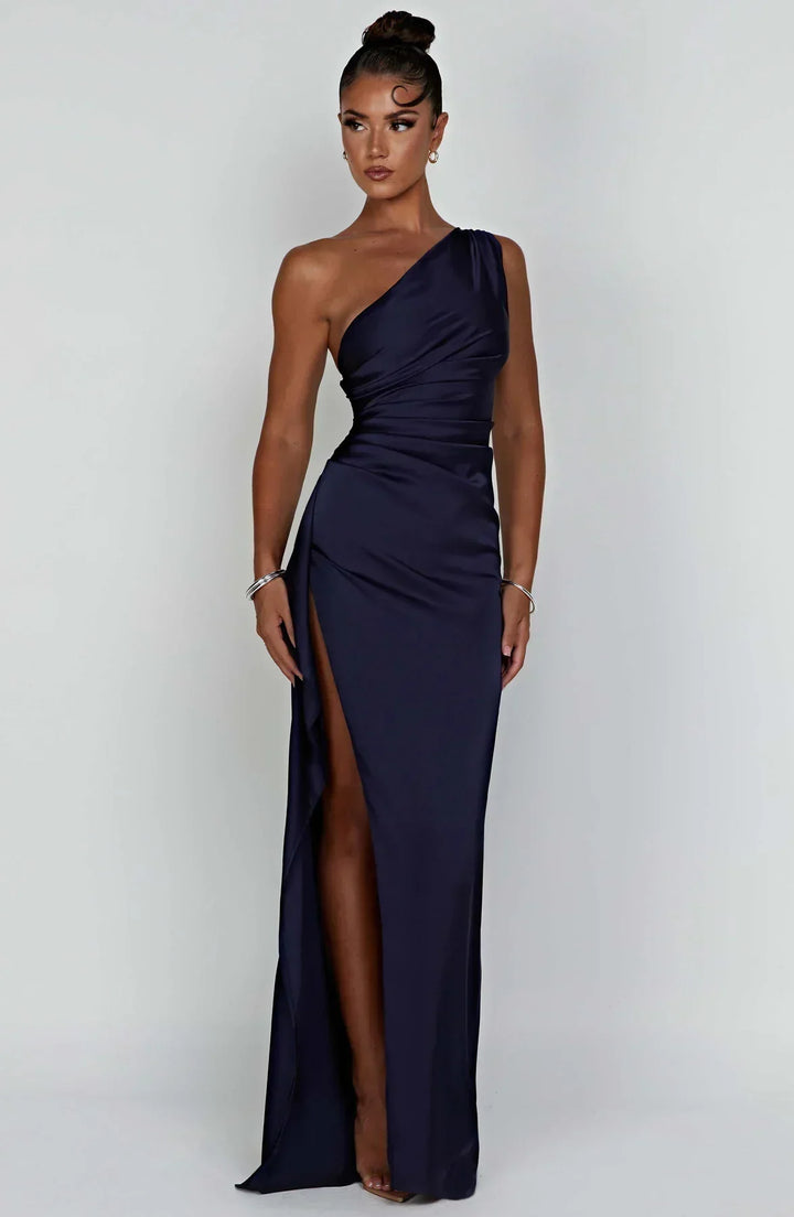 Stylish Satin Dress with Pleats and Shoulder Detail - Selene-Marine blue-XS-Nora Luxe
