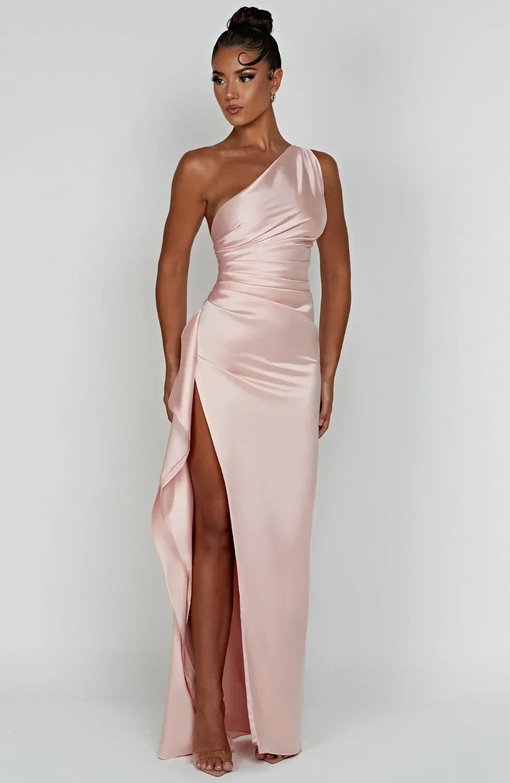 Stylish Satin Dress with Pleats and Shoulder Detail - Selene-Red-XS-Nora Luxe