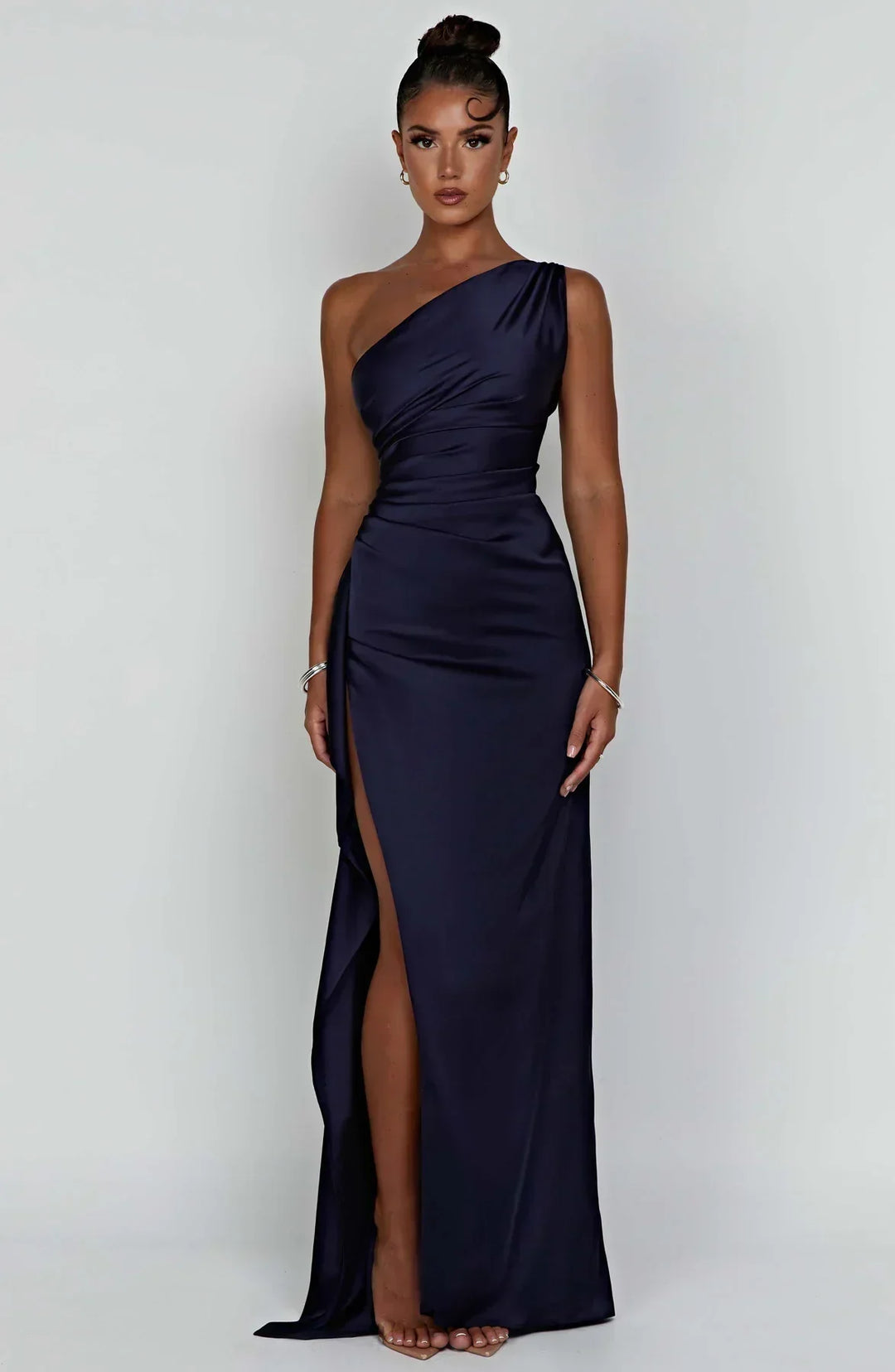 Stylish Satin Dress with Pleats and Shoulder Detail - Selene-Red-XS-Nora Luxe