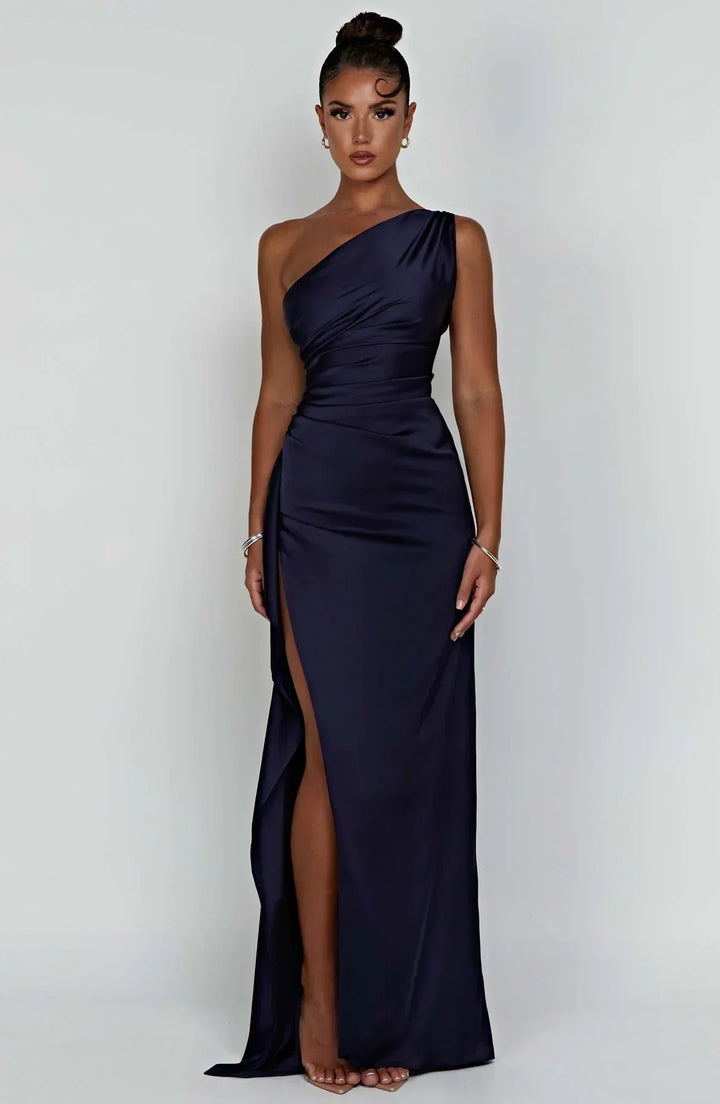 Stylish Satin Dress with Pleats and Shoulder Detail - Selene-Red-XS-Nora Luxe
