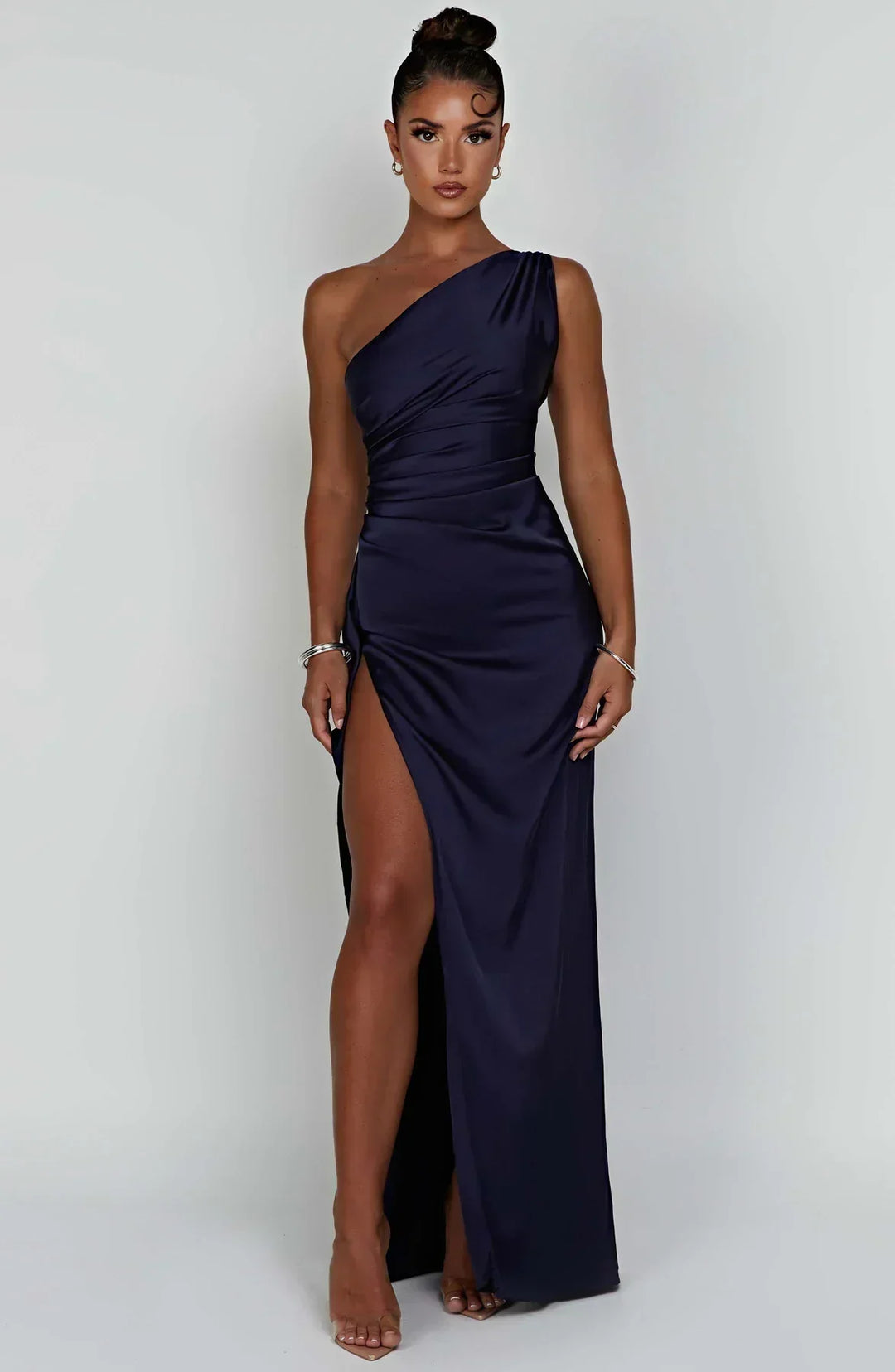 Stylish Satin Dress with Pleats and Shoulder Detail - Selene-Red-XS-Nora Luxe