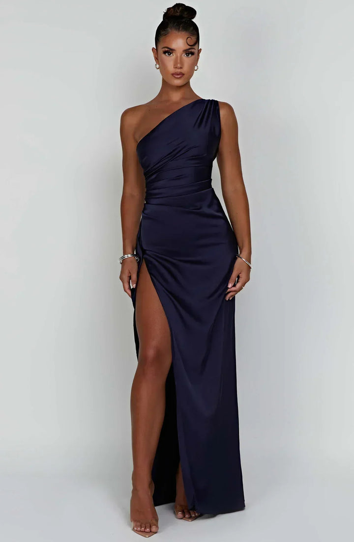 Stylish Satin Dress with Pleats and Shoulder Detail - Selene-Red-XS-Nora Luxe