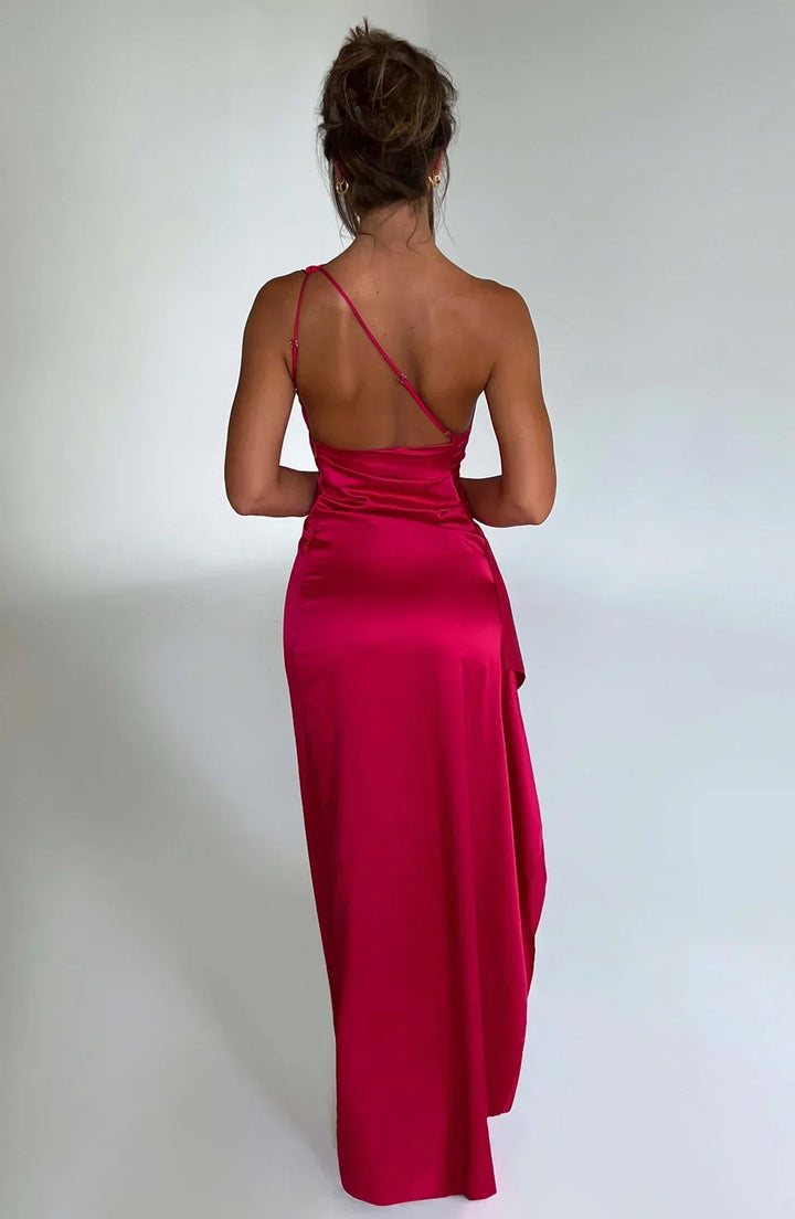 Stylish Satin Dress with Pleats and Shoulder Detail - Selene-Red-XS-Nora Luxe