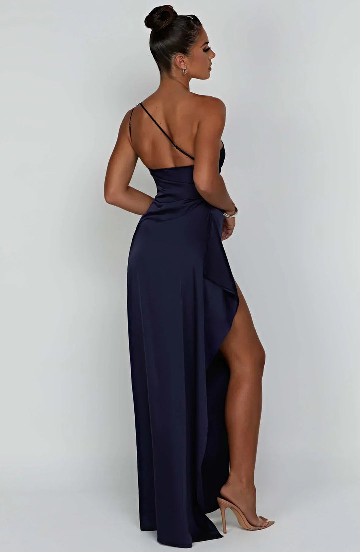 Stylish Satin Dress with Pleats and Shoulder Detail - Selene-Red-XS-Nora Luxe