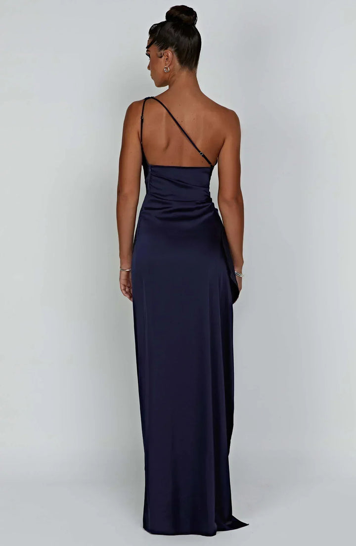Stylish Satin Dress with Pleats and Shoulder Detail - Selene-Red-XS-Nora Luxe