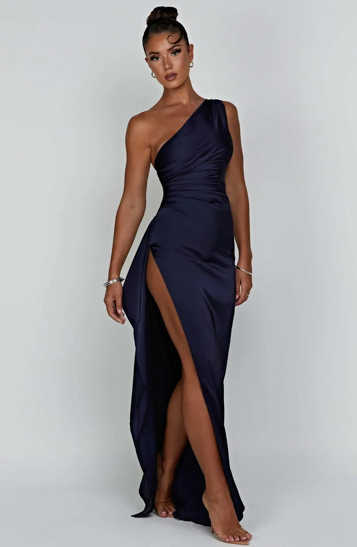 Stylish Satin Dress with Pleats and Shoulder Detail - Selene-Red-XS-Nora Luxe